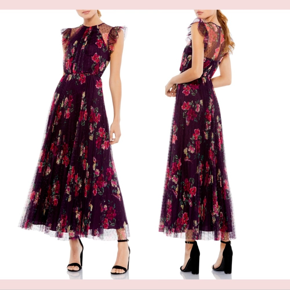 NEW $398 IEENA Mac Duggal [ Small ] Floral Ruffle‎ Fit Flare Tulle Dress #S576